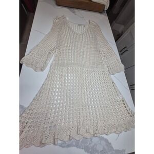 Simply Noelle Cream Crochet V Neck Bell Sleeve Mini Dress L XL